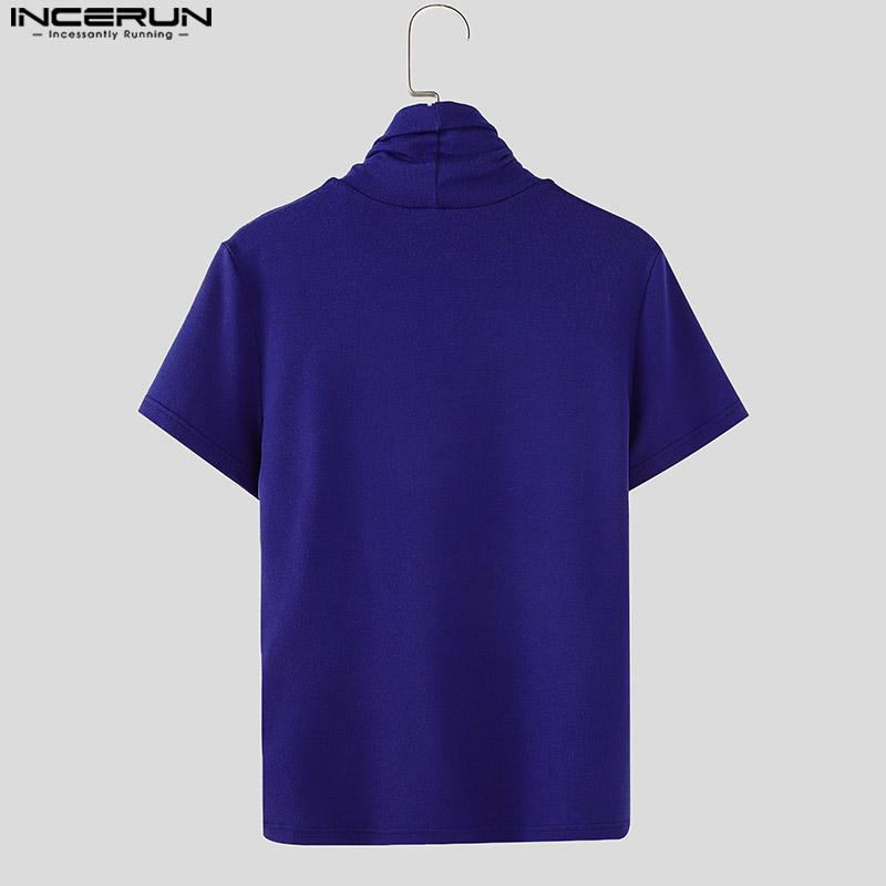 INCERUN Мужская водолазка с коротким рукавом и поясом из искусственной кожи в стиле пэчворк, повседневные облегающие футболки, топы