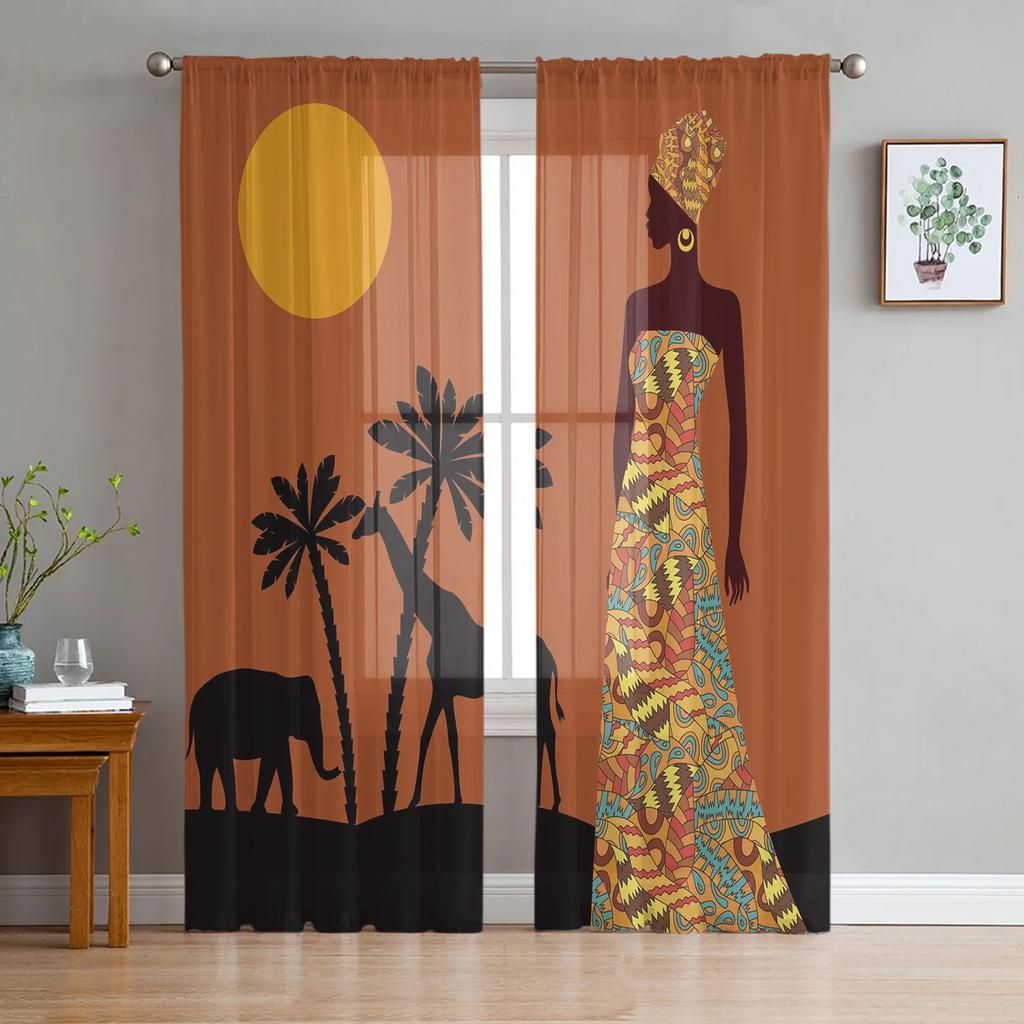 Sunset African Woman Child Tree Silhouettes Tulle Sheer Curtains for Living Room Bedroom Window Curtain Voile Organza Drapes