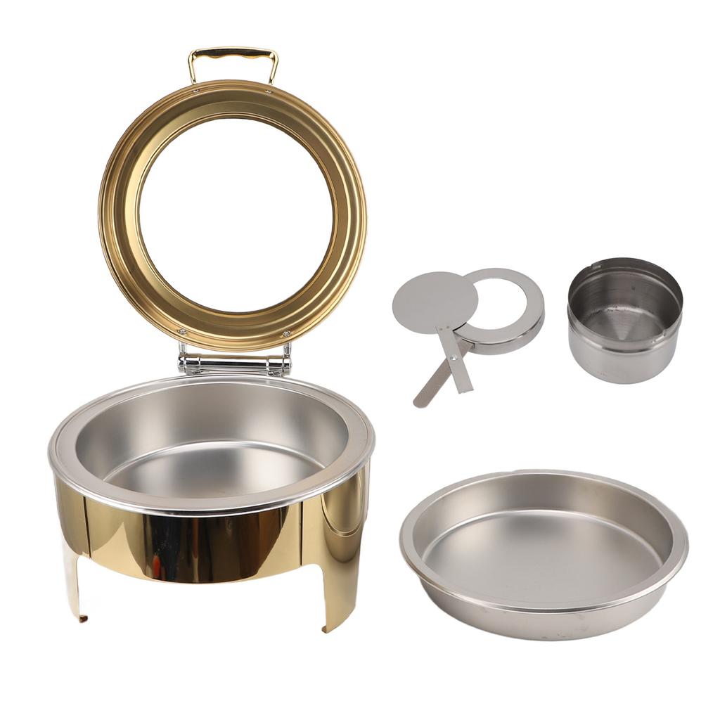 Круглый шведский стол, жаровня, золотистый, визуальный, откидная крышка на 90 градусов, нержавеющая сталь, 6 л, подогрев для алкоголя, шведский стол