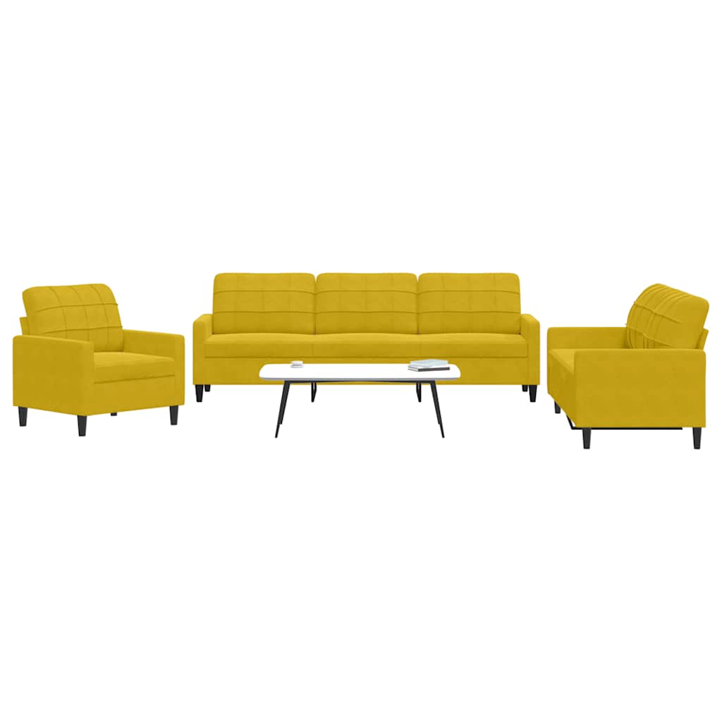 3 Piece Sofa Set with Cushions Yellow Velvet
