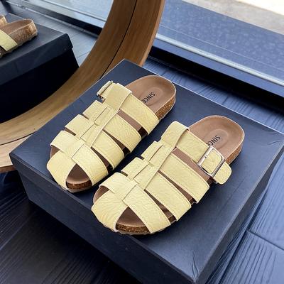 Женские однотонные сандалии на плоской подошве с закрытым носком, летние, новые, модные, плетеные с прорезями, слипоны на толстой подошве, пляжные, для отпуска, сандалии в римском стиле