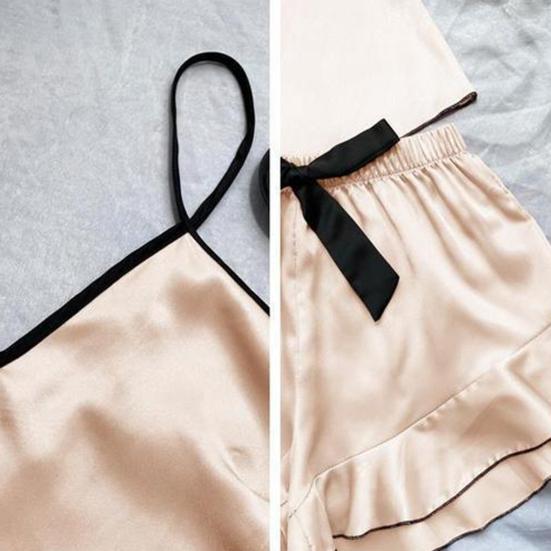 2 шт./комплект женский пижамный комплект атласный бретельки без рукавов спинка V-образный вырез топ эластичный пояс оборка плиссированный бант декор шорты комплект домашняя одежда