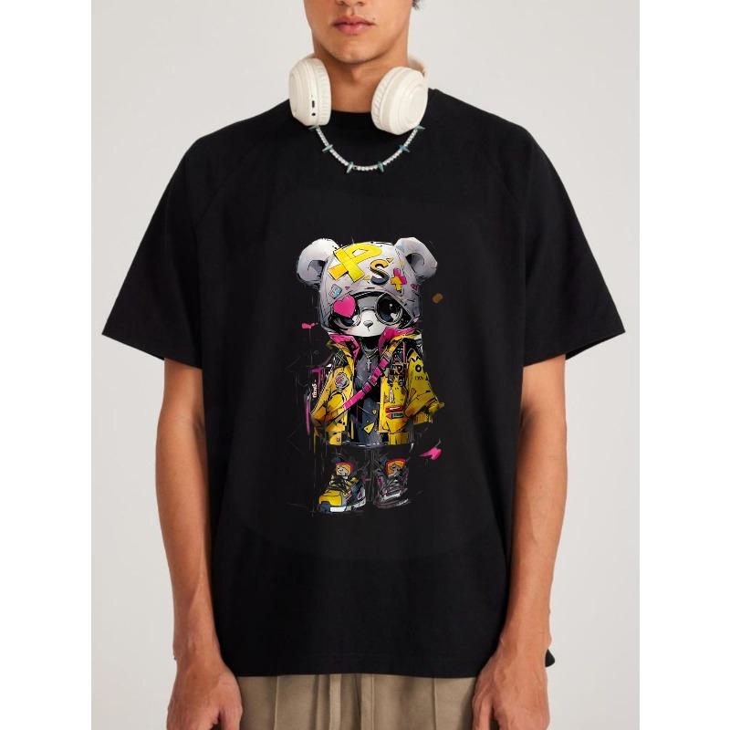 Черная футболка с красочным граффити-принтом медведя для уличной моды