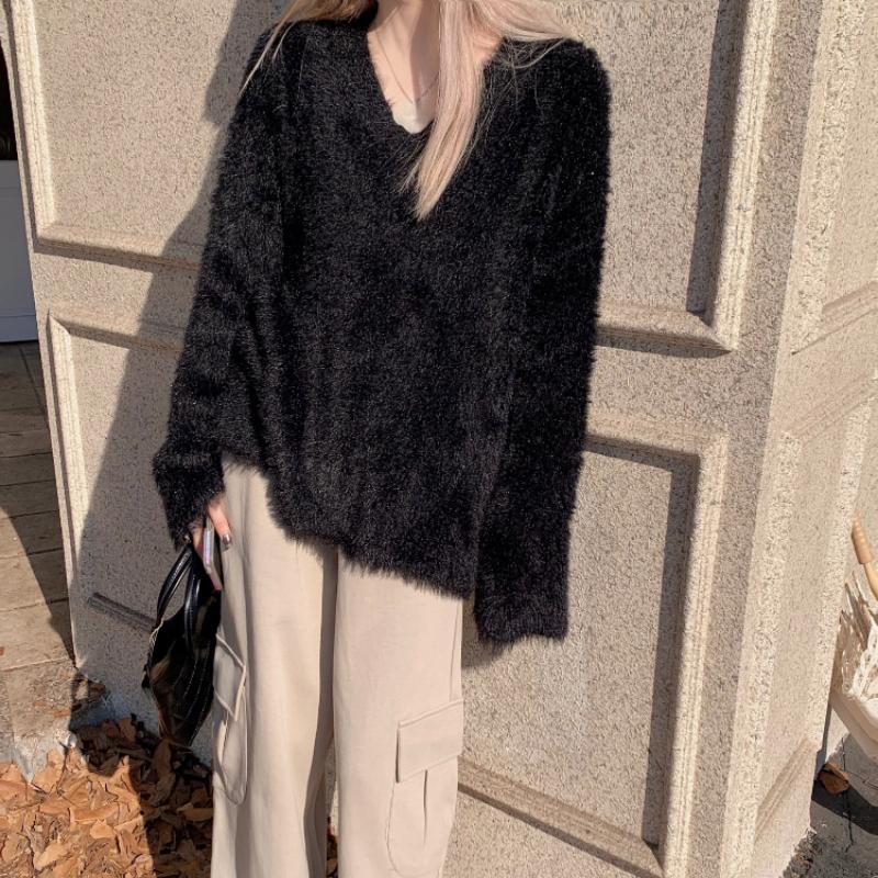 2023 зимний элегантный свитер с v-образным вырезом, женская повседневная верхняя одежда, вязаный пуловер из искусственного меха, офисная женская одежда Y2k, корейская модная шикарная одежда