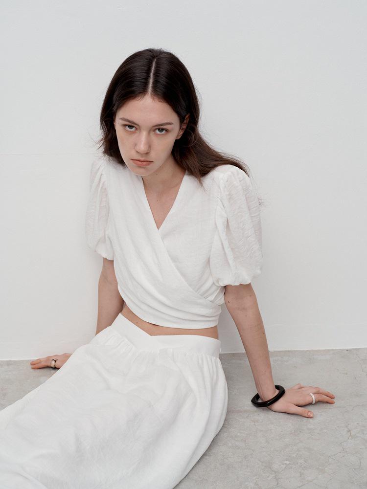 Французская блузка с пышными рукавами и завязками - Женский летний дизайн с V-образным вырезом, возвраты не принимаются