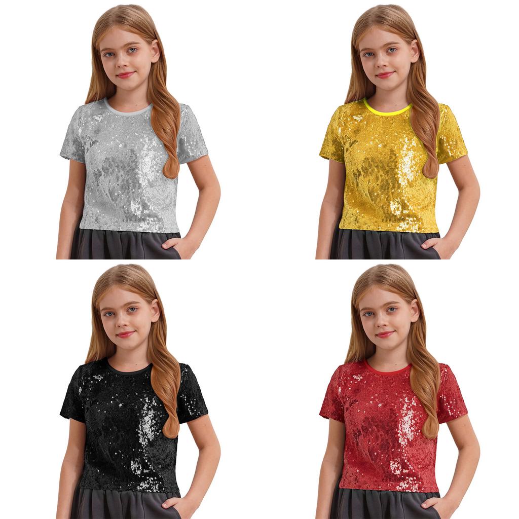 Girls Sparkling Sequin Crop Top Round Neck and Short Sleeves for Hip Hop Dance Costume