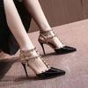 Celebrity style sexy fashion stiletto high heels spring 2025 rivet pointed sandals women's one-word buckle strap single shoes
