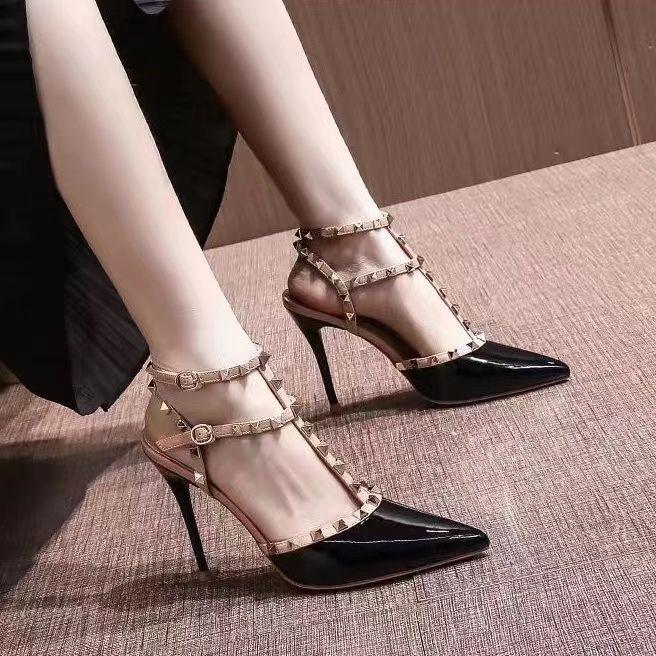 Celebrity style sexy fashion stiletto high heels spring 2025 rivet pointed sandals women's one-word buckle strap single shoes