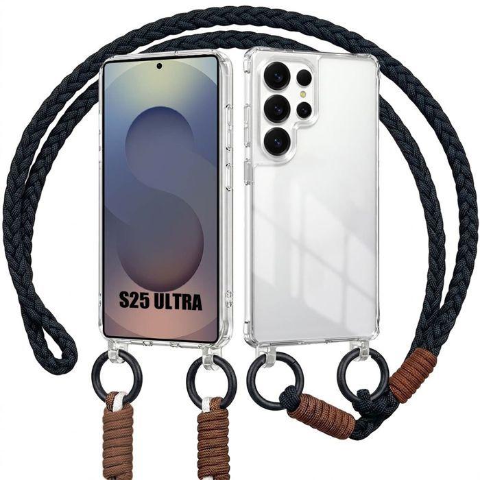 Coque pour Samsung Galaxy S25 Ultra, Protection Solide Antichoc avec Bandoulière Noire