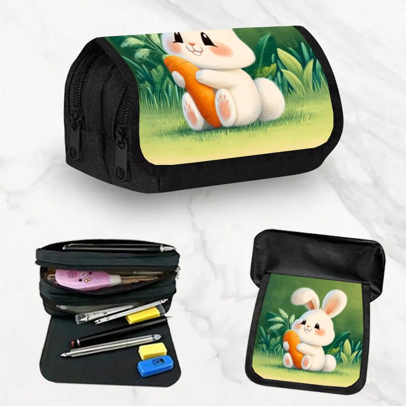 1pc Carrot Bunny Design Double-Layer Pencil Case with a Large Capacity Zipper Closure, Perfect for School, Office, And Travel. It'S an Ideal Gift for