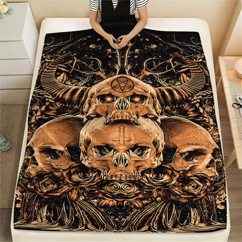 1Pc Skull Satan Print Flannel Blanket, High quality Comfortable for All Seasons, Home Decor, Warmth and Comfort, Perfect for Christmas Gifts