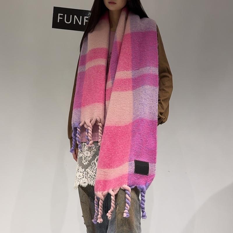 Autumn and Winter New Scarf Women's Atmosphere Contrasting Color Plaid High-end Sense Warm Scarf Thickened Handmade Fringed Shawl Scarf