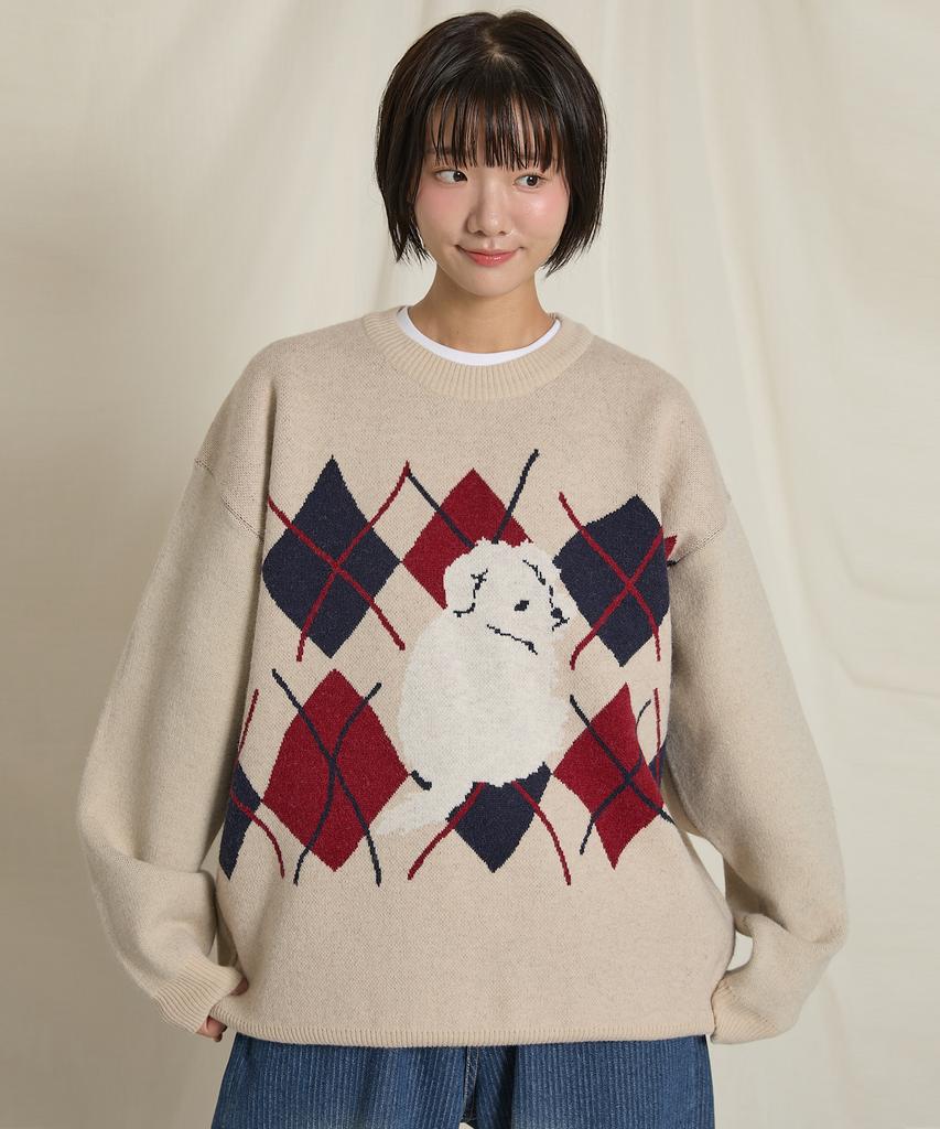 WAIKEI Maltese Argyle Crewneck Knit Oatmeal