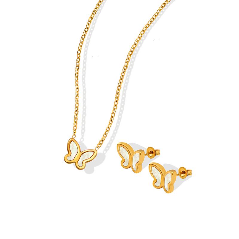 18k Gold-Plated Korean Minimalist Butterfly and Seashell Necklace & Earring Set