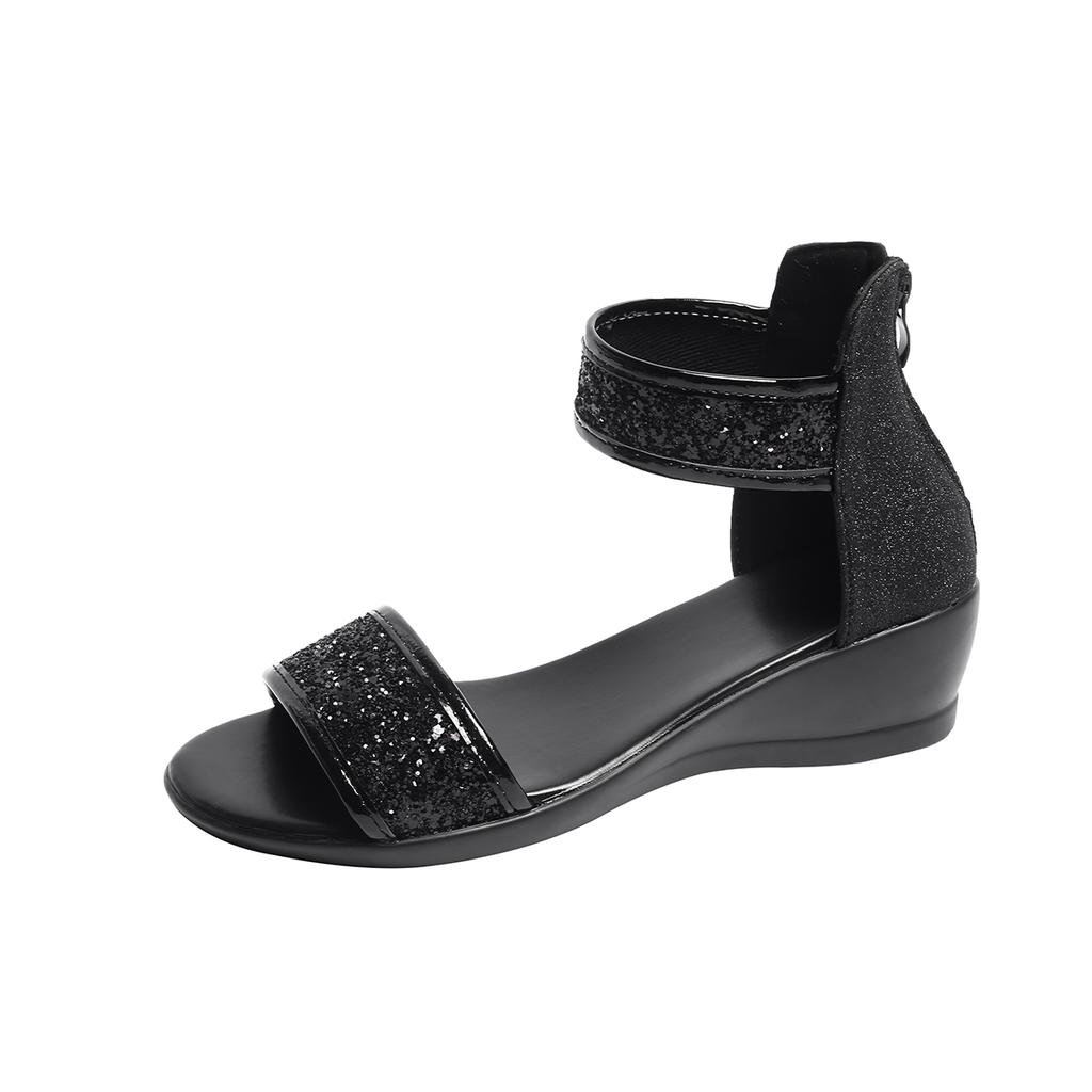 Women's Bag Heel Sandals Summer New Round Head Open Toe Glitter Back Zipper Soft Sole Anti-slip Wear-resistant Slope Heel Shoes