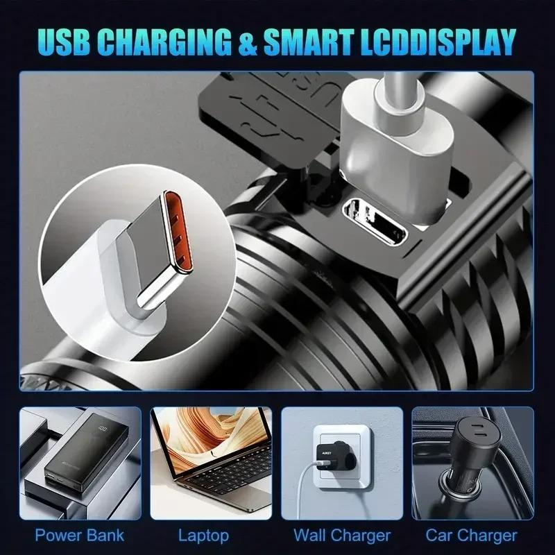 Мощный светодиодный фонарик с индикатором заряда батареи, USB-перезаряжаемый свет, телескопический зум, фонарь, лампа для кемпинга на открытом воздухе, рыбалки