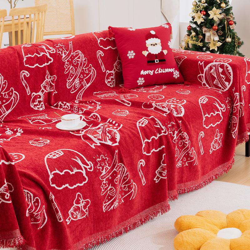 Рождественский красный чехол для дивана с кисточкой, диванное полотенце, можно стирать в машине, праздничная тема, чехол для дивана с красной решеткой для декора гостиной