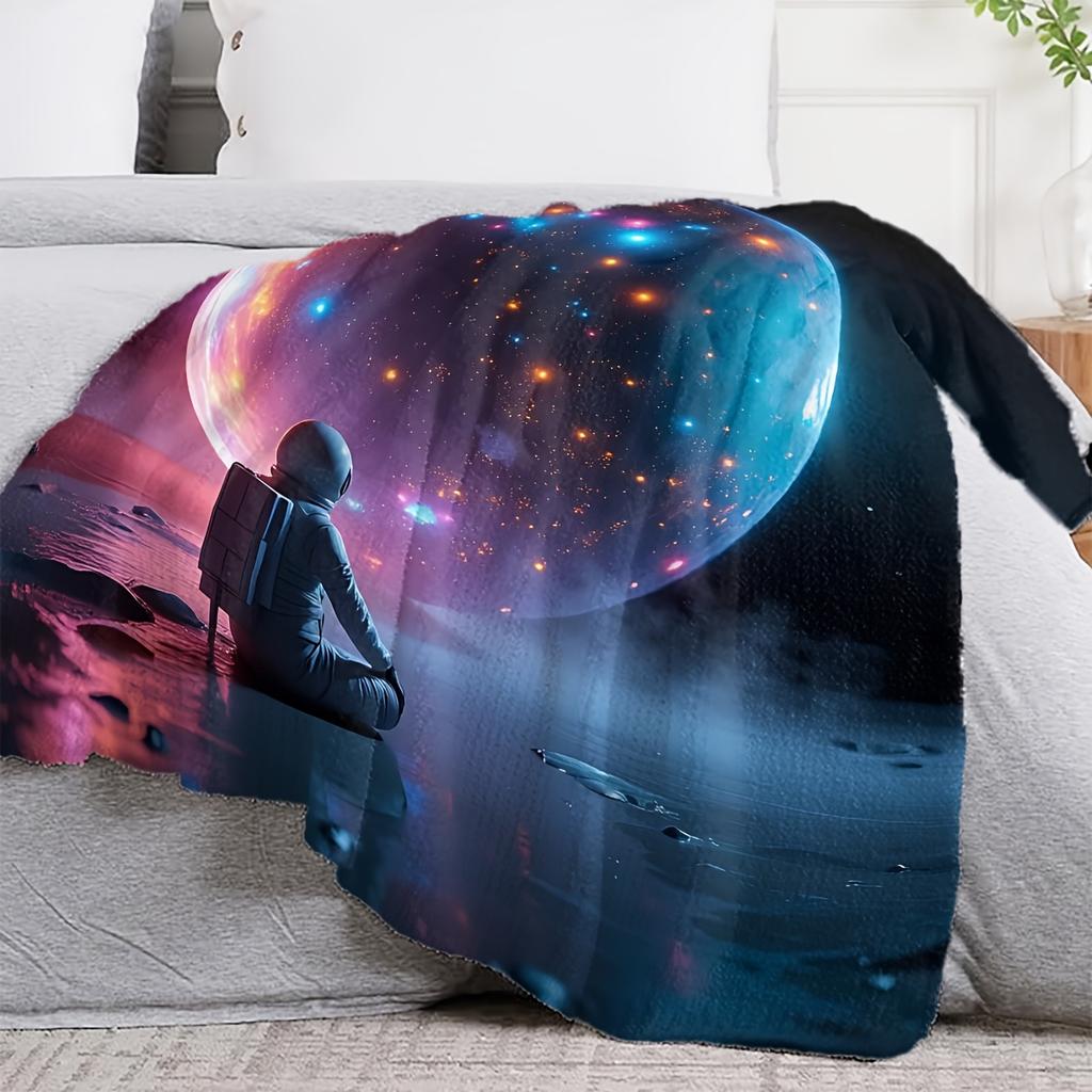 1pc Flannel Astronaut Space Blanket - Soft Plush Galaxy & Nebula Throw with Astronaut & Planets, All-Season Bedspread, Couch