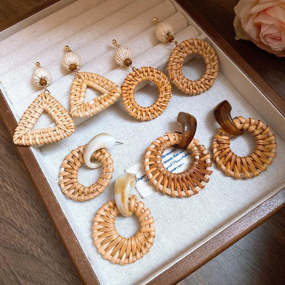 Круглые плетеные из ротанга серьги Деревянные круглые богемные висячие серьги Аксессуары для украшений Стиль для отпуска Геометрические серьги Женские