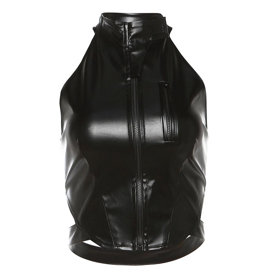 European and American style autumn and winter new women's clothing fashionable and sexy neck halter slim zipper imitation leather small vest women