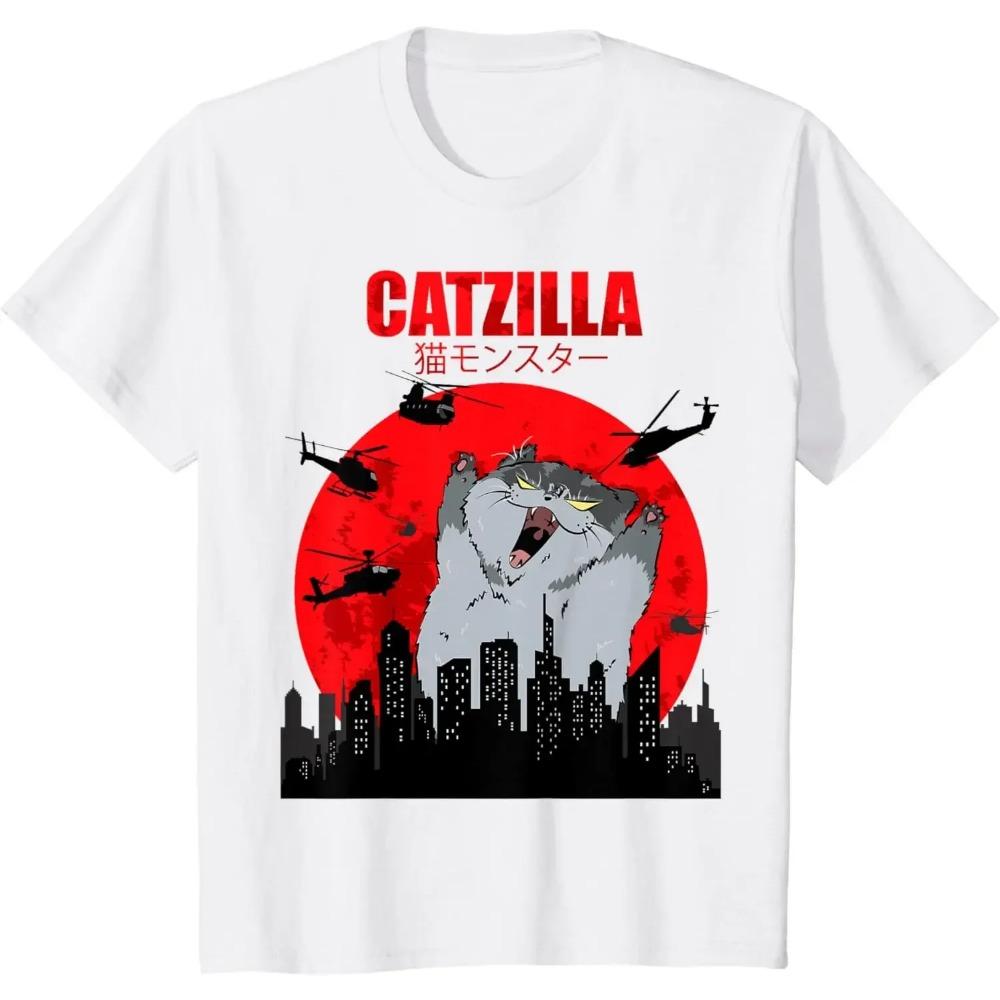 Забавный Милый Арт Японский Кот Графика для Любителя Кошек Catzilla Футболки Круглый Вырез Женская Одежда Уличная Одежда Короткий Рукав Футболка Одежда