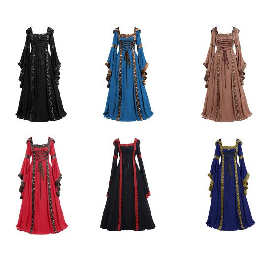 Women Dress Medieval Royal Style Lace-up Hooded Bat Sleeve Maxi Dress Waist-Cinching Square Collar Stage Performance Renaissance Cosplay Costume