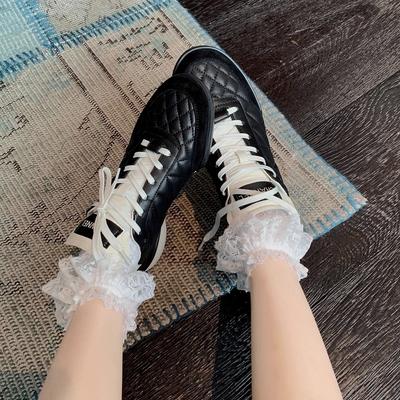 Виноградная Мама Ромб Маленький Ароматный Ветер Натуральная Кожа Маленькие Белые Туфли Женская Фетальная Телячья Кожа На Шнуровке Универсальные Повседневные Папины Кроссовки Спортивная Обувь