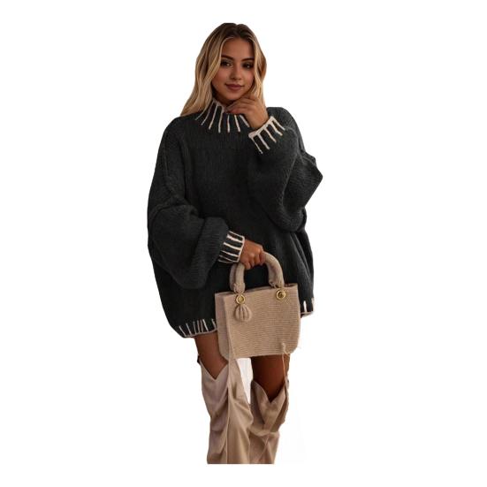 Women Oversized Pullover Sweater Turtleneck Long Sleeve Patchwork Color Winter Knitting Tops Loose Fit Thickened Knit Jumper Tops