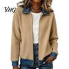 Ladies Denim Coat Women Corduroy Zip-Up Jacket, Long Sleeve Casual Coat, Soft Jacket Fall Winter with Contrast Turndown Collar Comfortable Daily