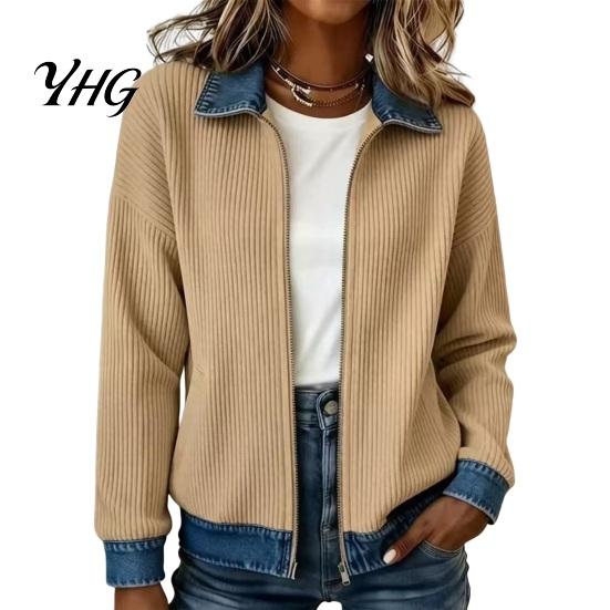 Ladies Denim Coat Women Corduroy Zip-Up Jacket, Long Sleeve Casual Coat, Soft Jacket Fall Winter with Contrast Turndown Collar Comfortable Daily