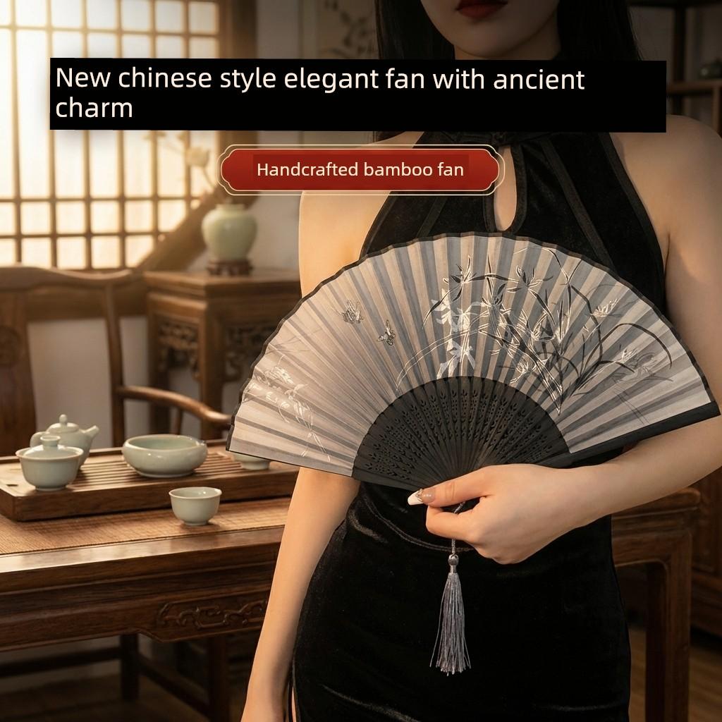 New Chinese-Style Fan, Black Ink Painting, Cheongsam Folding Fan, Ancient Style, Traditional Chinese Style, Tassel Folding Fan, Hanfu Bamboo Fan