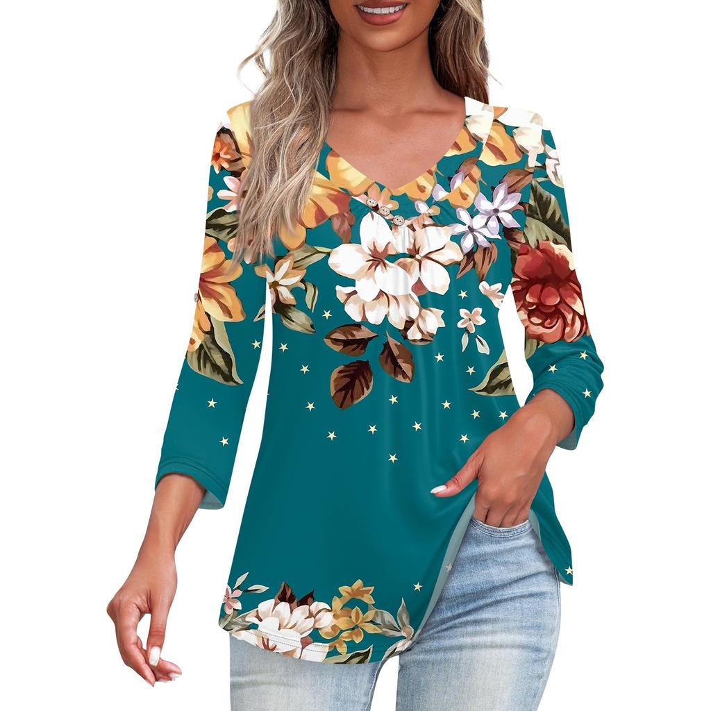 Shirts For Women Trendy V Neck Button T Shirts Casual Printed Summer Tees T Shirt Blouse Three Quarter Sleeve Tops For Women