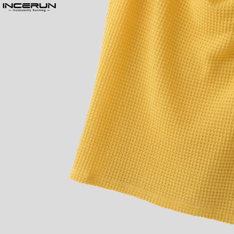 INCERUN Мужские майки без рукавов с отложным воротником, полупрозрачные, вафельной текстуры, облегающие