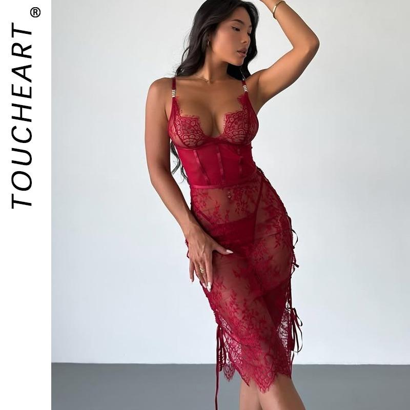 Toucheart Sexy Lace Hollow Out Solid Color Interesting Bodycon Dress Slim Backless Embroiderysee-through Womenunderwear Sexy Set