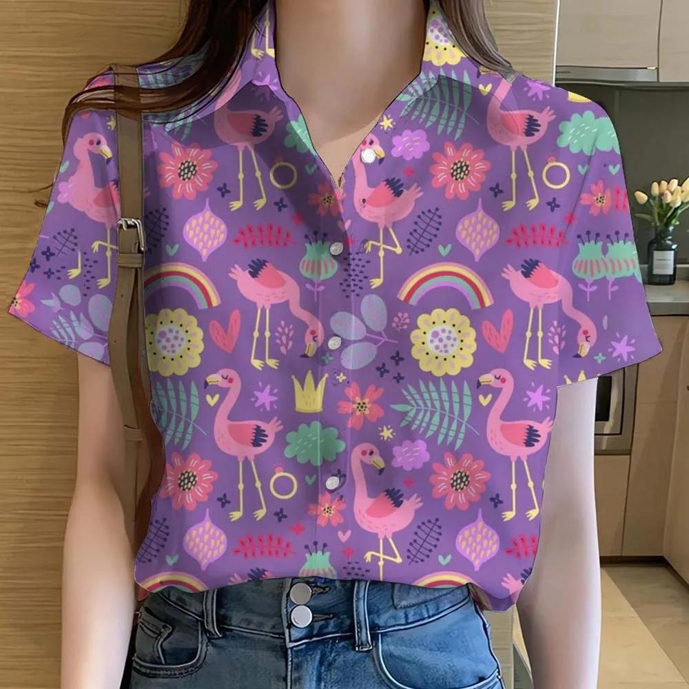 Womens Shirts Cute Cartoon Animal Flamingo 3D Printed Casual Tops Blouses Hawaiian Short Sleeve Button Beach Shirt Summer Shirts