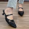 Fashion Embroider Decor Low Heel Sandals Women Concise Buckle Thin Heels Pointed Toe Slippers Plus Size Comfort Mesh Office Sandals
