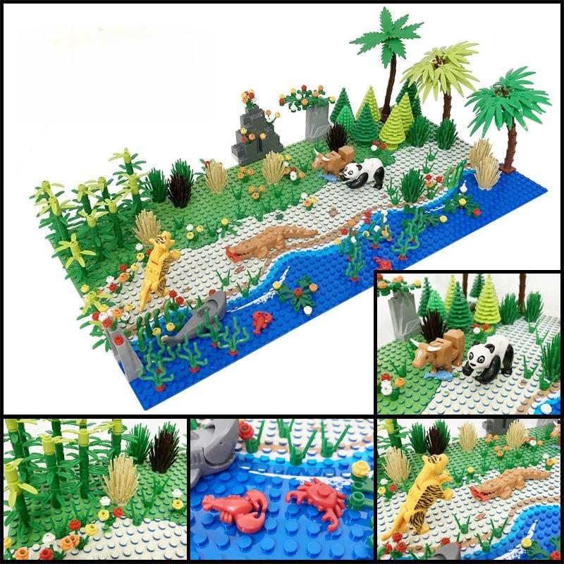 32X32 Dots Building Block Base Plate 25.5X25.5Cm Grassland River,Tropical Treehouse & City Road Street Scenery Bricks Toys