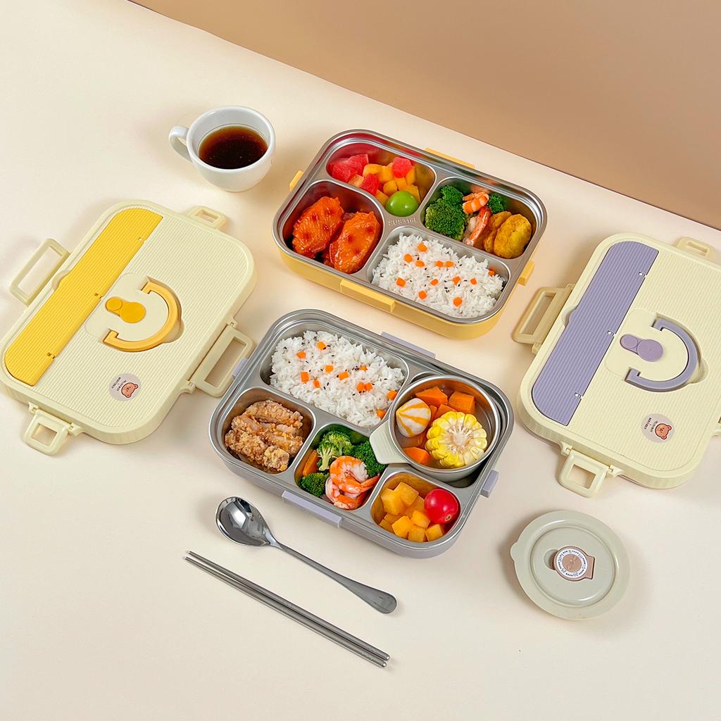 4/5 Compartment 304 Stainless Steel Divided Bento Lunch Box Set For Student Kid Heatable Sealed Lunch Container With Cutlery&Bow