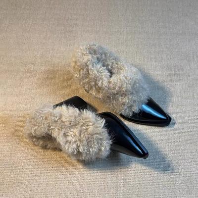 Осень и зима универсальные пушистые туфли женские ретро ветер бархатные теплые хлопковые туфли острый носок высокие каблуки одинарные туфли