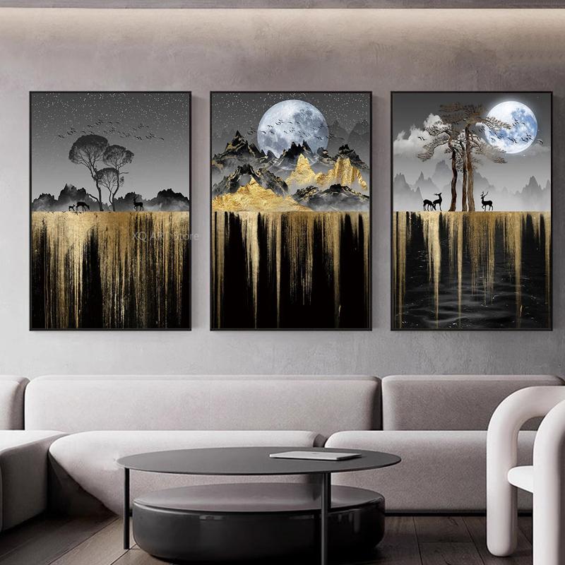 Абстрактная луна, дерево, пейзаж, холст, живопись и принты, роскошный настенный художественный постер для гостиной, спальни, домашний декор, безрамный