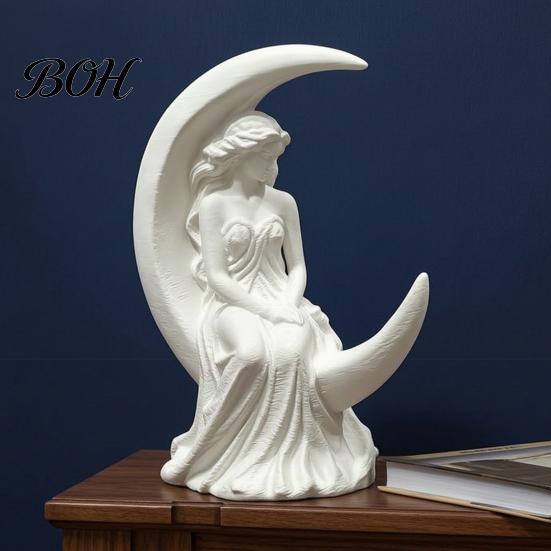 Decorative Moon Goddess Fairy Figurine, Matte White Sculpture, 3D Printed PLA Small Desk Decor Winged Statue, Mystical Fantasy Home Ornament