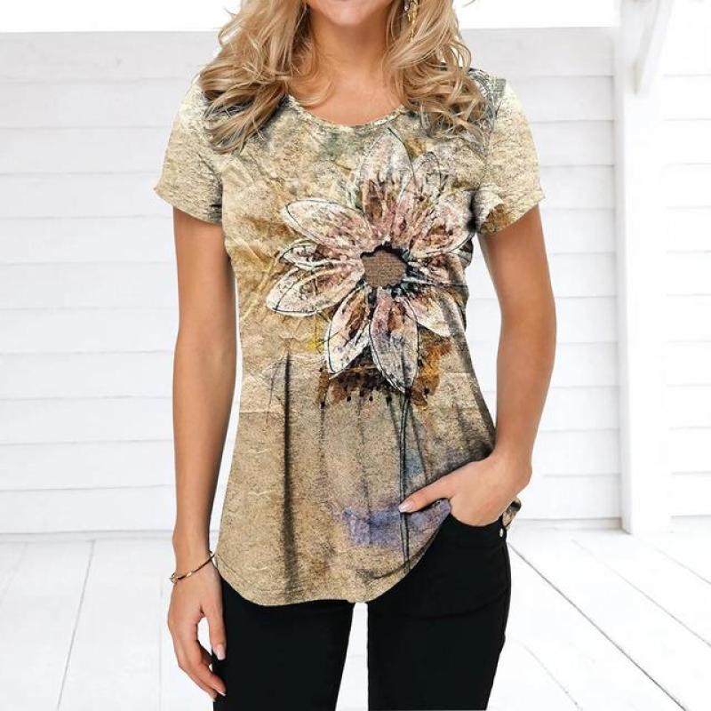 Летняя женская футболка в стиле ретро с цветочным принтом, повседневная повседневная футболка, обычный пуловер для женщин, женская одежда с коротким рукавом и круглым вырезом