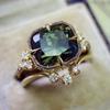Набор колец Huitan Vintage Green Cubic Zirconie для женщин, золотистый цвет, темпераментные женские аксессуары для пальчиков, украшения для вечеринок
