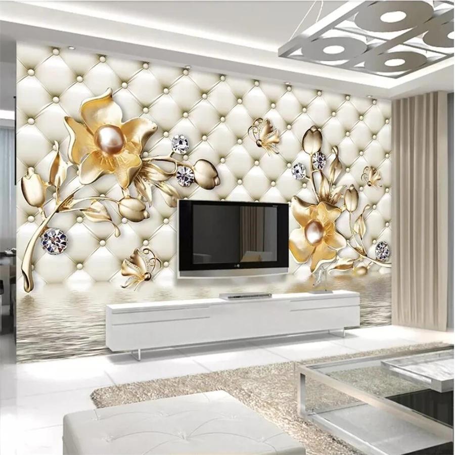 Цветочные обои Роскошные мягкие сумки 3d фрески Золотые украшения Цветочные обои Домашний декор 3d обои