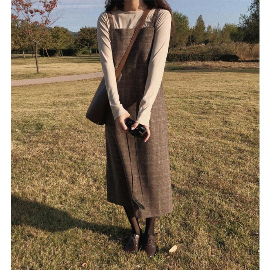 Осенне-зимняя винтажная клетчатая юбка на подтяжках, свободные утягивающие шерстяные повседневные платья на подтяжках