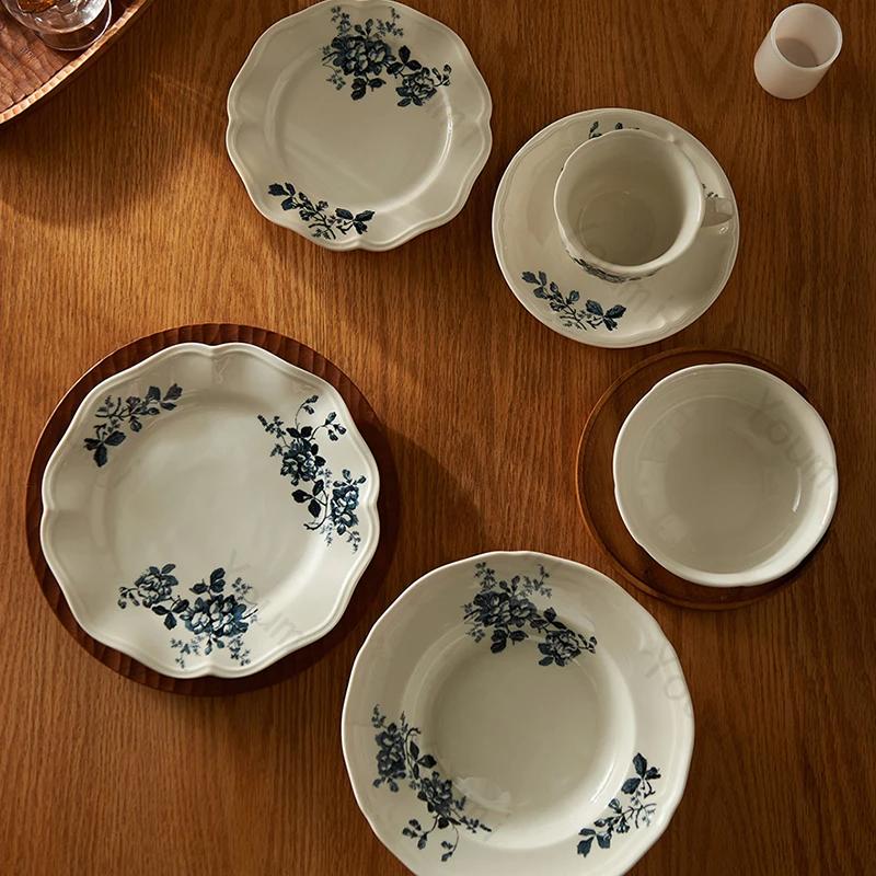 Легкая роскошная высококачественная обеденная тарелка во французском стиле, круглые керамические тарелки, бытовые изысканные миски, блюда для ресторанов, столовые приборы