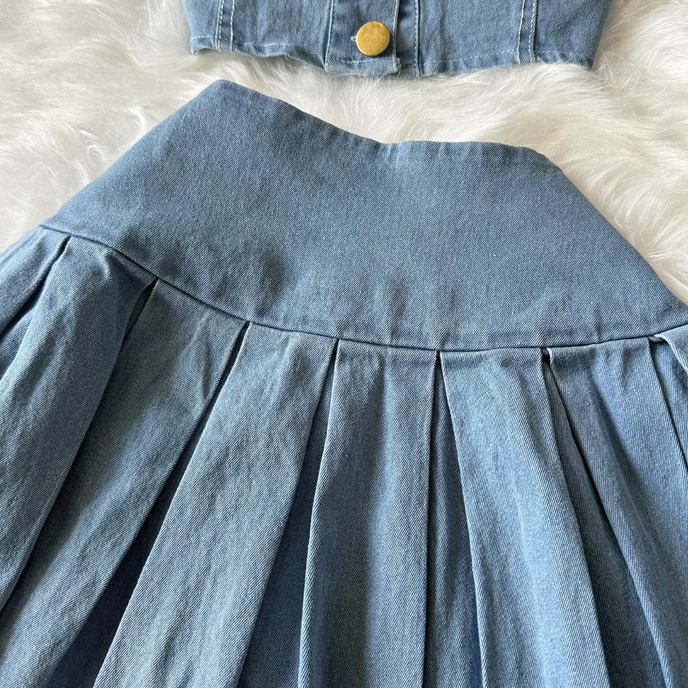 Women's Chic Hong Kong Style Retro Suit Short Camisole Vest Mini Denim Skirt Suit