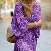 Women's Summer Casual Boho Dress Floral Print Ruffle Puff Sleeve High Waist Midi Beach Dresses