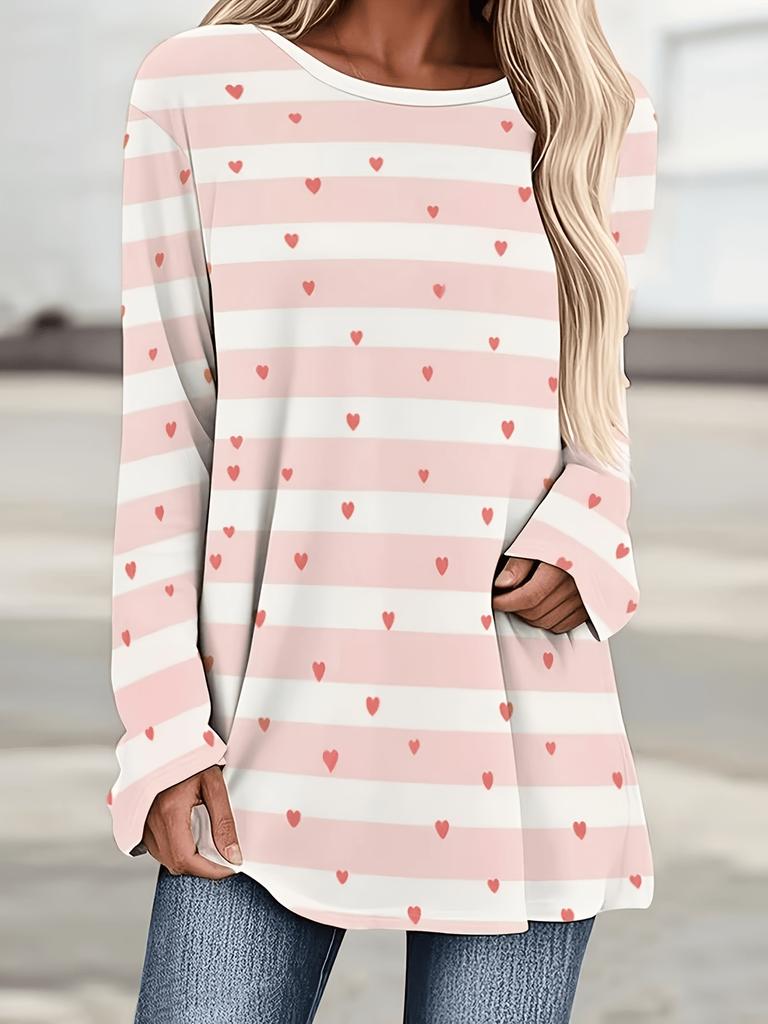 Women's Printed Casual Large Round Neck Long-sleeved Top Loose A-swing Hip-length Slimming Top