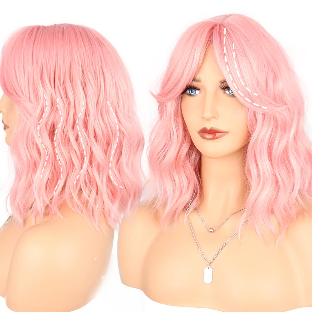 LISI HAIR Synthetic Hair Wig Pink Black Medium Wave Wig with Middle Part Bangs for Women Heat Resistant Fiber False Hair